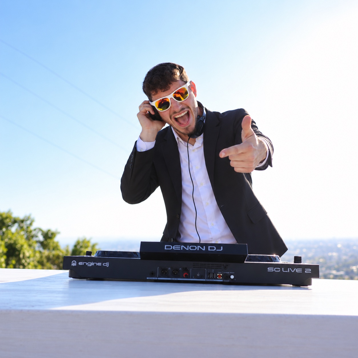 DJ Moish smiling behind his DJ decks, wearing sunglasses and headphones